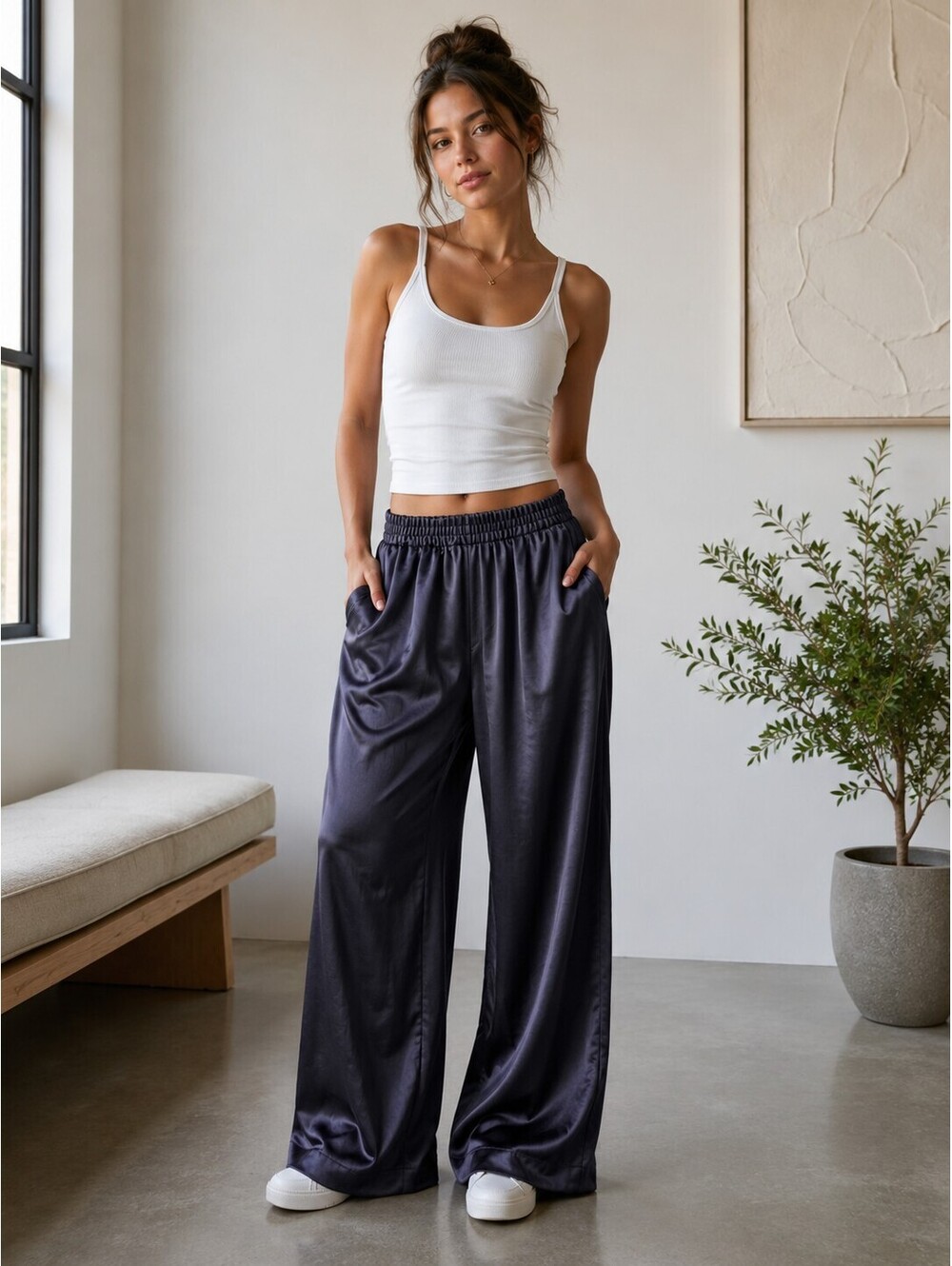Kit + Ace Navy Crinkle Satin Wide Leg Pants XS